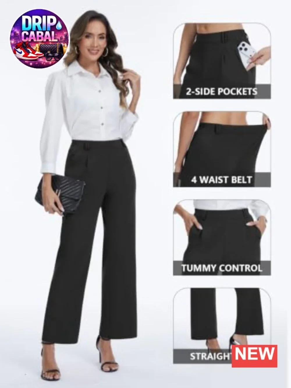 High Waisted Straight Leg Work Pants Pull On Business Casual Slacks with Pockets